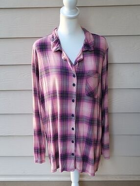 Torrid Pink Purple Plaid Sleep Shirt Size 2X Button Front PJ Top